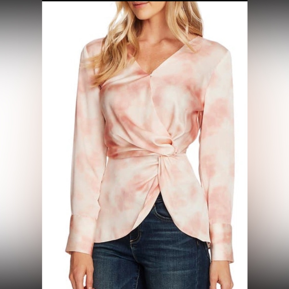 Vince Camuto Vapor Whisper Satin Wrap-Front Peplum Top, Tuberose, Small, NWT